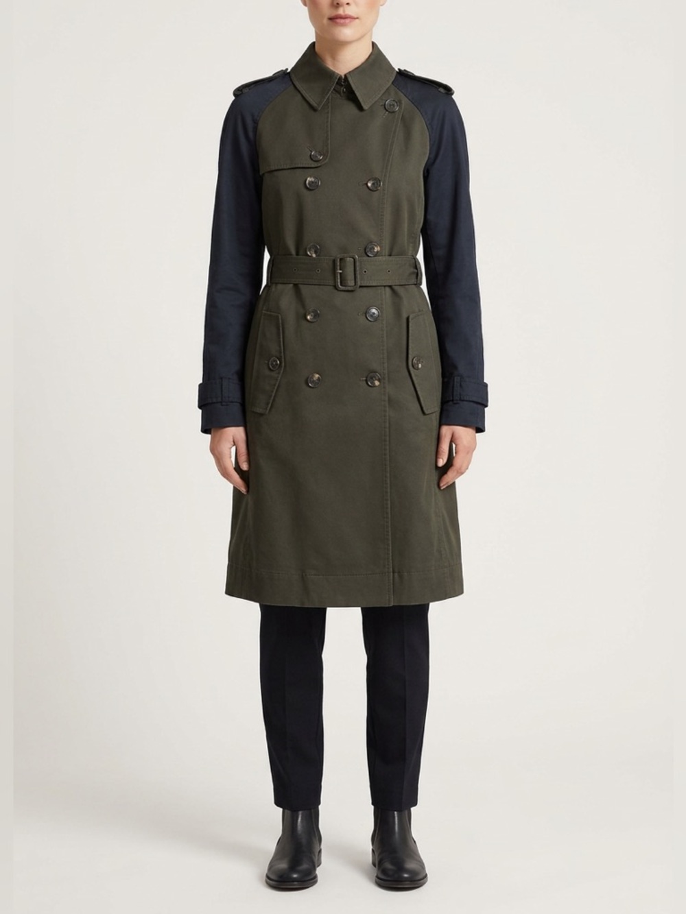 Altuzarra Two-Tone Olive & Black Spring Trench Coat, Transitional Utility Jacket